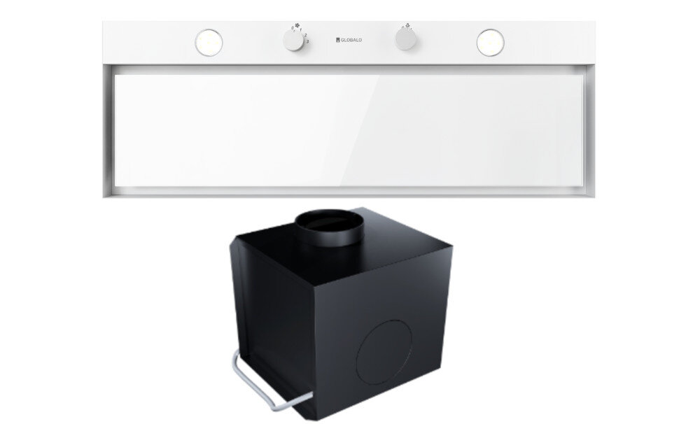 OKAP GLOBALO FLUXIME Obraz prezentuje zestaw składający się z białego okapu GLOBALO oraz oddzielnego pochłaniacza do pracy w trybie recyrkulacji. Urządzenia ustawiono jedno nad drugim na białym tle funkcjonalne rozwiązanie cicha kuchnia wydajna wentylacja design oszczędność energii funkcjonalność