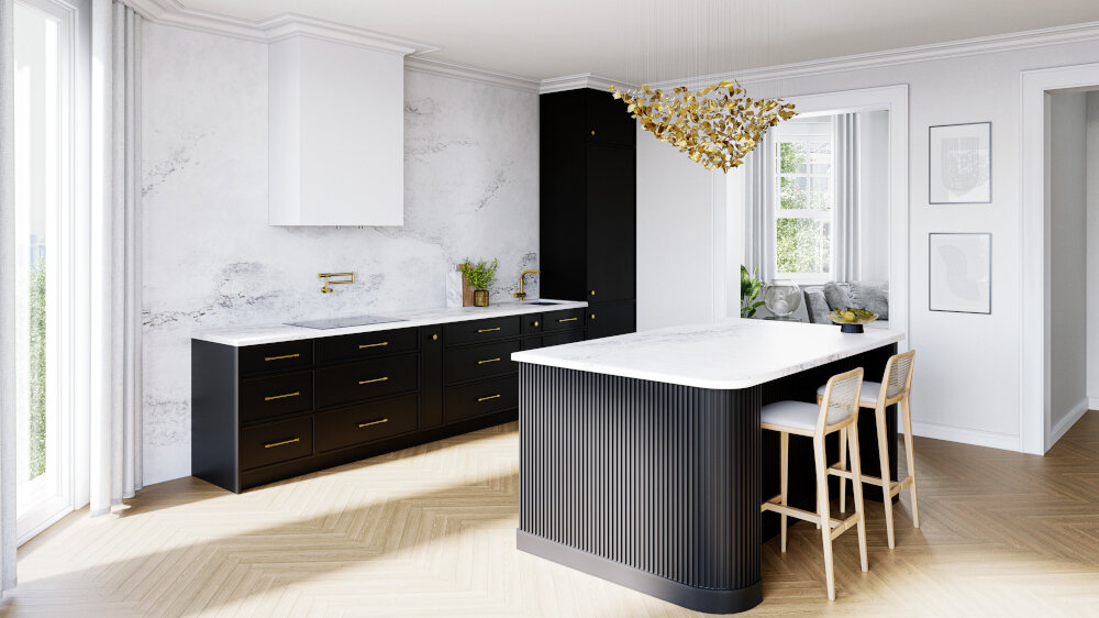 OKAP GLOBALO FLUXIME Zdjęcie przedstawia przestronną, elegancko wykończoną kuchnię z wyspą w centrum. Dominują czarne dolne szafki z złotymi uchwytami, białe blaty, duża wyspa z pionowym frezowaniem oraz efektowna lampa sufitowa z dekoracyjnymi złotymi elementami. W tle widoczne są wysokie okna z zasłonami oraz część salonu z kanapą cicha praca kuchnia turbina zewnętrzna redukcja hałasu 68 dB dźwięk komfort gotowania