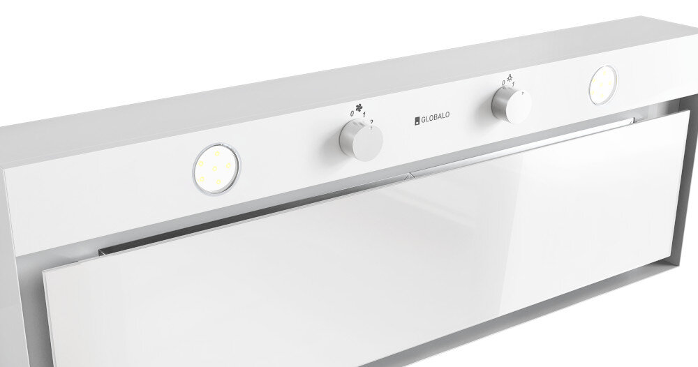 OKAP GLOBALO FLUXIME Na zdjęciu widoczny jest biały okap GLOBALO z dwoma pokrętłami oraz okrągłymi lampkami LED. Ujęcie eksponuje gładką powierzchnię frontu i minimalistyczny design oświetlenie LED energooszczędność niskie zużycie prądu oszczędność energii jasne światło
