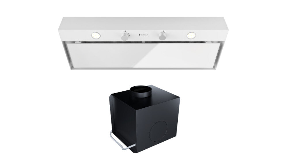 OKAP GLOBALO FLUXIME Na zdjęciu widoczny jest biały okap GLOBALO oraz biały pochłaniacz ustawiony poniżej jako dodatkowy element. Komplet tworzy pełny zestaw do montażu w kuchni pochłanianie szczelinowe skuteczne usuwanie zapachów wydajna wentylacja świeże powietrze kuchnia