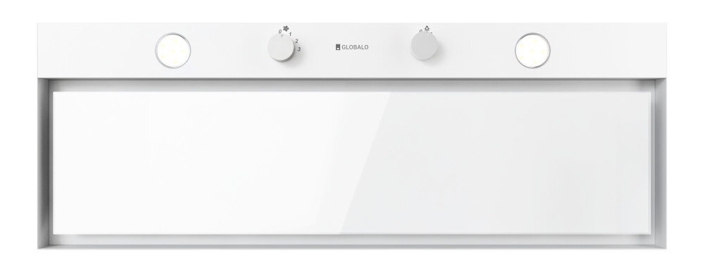 OKAP GLOBALO FLUXIME Zdjęcie przedstawia biały okap GLOBALO z dwoma pokrętłami sterowania i oświetleniem LED po bokach. Front urządzenia jest gładki i minimalistyczny, utrzymany w eleganckiej stylistyce sterowanie mechaniczne prosta obsługa regulacja prędkości intuicyjne użytkowanie wygoda