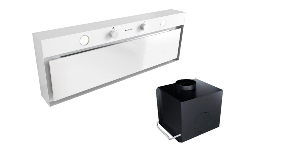 OKAP GLOBALO FLUXIME Obraz pokazuje okap GLOBALO widziany pod kątem, a pod nim umieszczono jednostkę filtracyjną do pracy w trybie recyrkulacji. Ujęcie prezentuje zestaw jako kompletny system wentylacji kuchennej kompaktowy rozmiar zabudowa kuchenna oszczędność przestrzeni mała wysokość funkcjonalność turbina w innym pomieszczeniu elastyczny montaż dowolna instalacja optymalne wykorzystanie przestrzeni