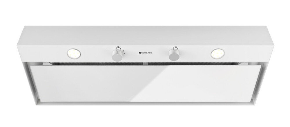 OKAP GLOBALO FLUXIME Okap GLOBALO przedstawiono z lekkim zbliżeniem na panel sterowania z dwoma pokrętłami i oświetleniem LED. Ujęcie podkreśla eleganckie wykończenie frontu filtr aluminiowy usuwanie tłuszczu czyste powietrze filtracja powietrza ochrona kuchni