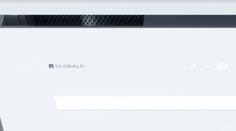 OKAP GLOBALO SAREDO 60.1 BIAŁY + TURBINA TW 1.2 ZEWNĘTRZNY SILNIK Zdjęcie pokazuje dolną część okapu GLOBALO z widoczną kratką filtracyjną oraz fragmentem panelu dotykowego. Całość utrzymana jest w jasnej kolorystyce i dopasowana do minimalistycznej kuchennej zabudowy filtr aluminiowy usuwanie tłuszczu czyste powietrze filtracja kuchnia lepsza jakość powietrza