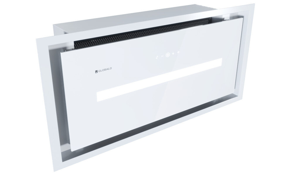 OKAP GLOBALO SAREDO 60.1 BIAŁY + TURBINA TW 1.2 ZEWNĘTRZNY SILNIK Zdjęcie przedstawia okap GLOBALO w białej ramie, widoczny pod lekkim kątem, z panelem sterowania ukrytym w górnej części. Wyeksponowano także górny filtr oraz głębokość konstrukcji, podkreślając jego design kompaktowy rozmiar 59,6 x 29 x 14,2 cm zabudowa kuchenna oszczędność miejsca mała wysokość estetyczna kuchnia