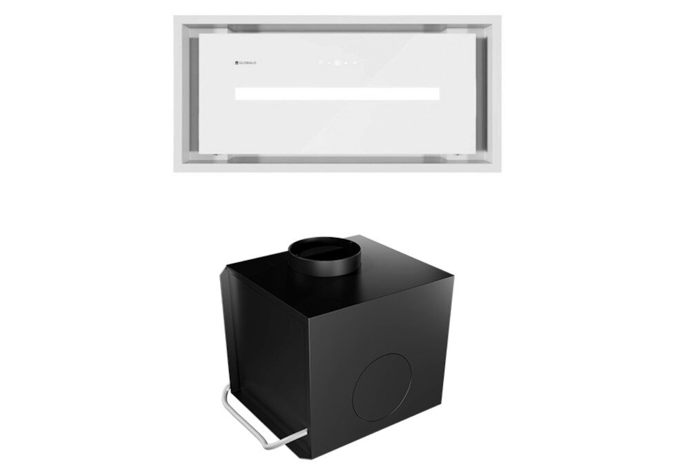 OKAP GLOBALO SAREDO 60.1 BIAŁY + TURBINA TW 1.2 ZEWNĘTRZNY SILNIK Obraz ukazuje biały okap GLOBALO zestawiony z czarnym modułem filtracyjnym do pracy w trybie recyrkulacji. Elementy ustawione są jeden nad drugim na białym tle, tworząc pełny zestaw instalacyjny pochłanianie szczelinowe skuteczna wentylacja usuwanie zapachów szybkie oczyszczanie powietrza