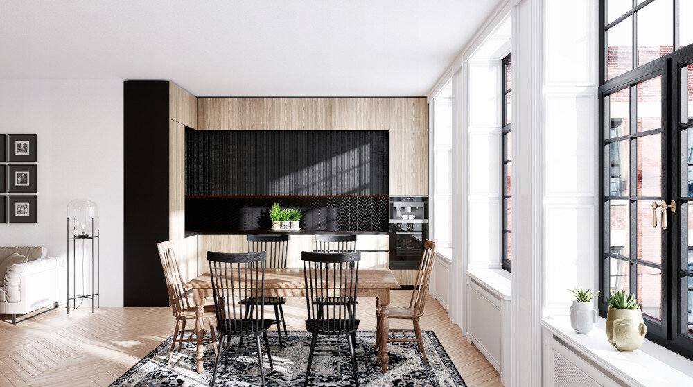 OKAP GLOBALO SAREDO 60.1 CZARNY + TURBINA TW 1.2 ZEWNĘTRZNY SILNIK Zdjęcie ukazuje jasną, przestronną jadalnię połączoną z kuchnią, w której centralnym punktem jest duży drewniany stół otoczony krzesłami. W zabudowie kuchennej użyto kontrastu jasnych frontów i czarnej lamelowej wnęki nad blatem cicha praca turbina zewnętrzna redukcja hałasu komfort użytkowania spokojna kuchnia