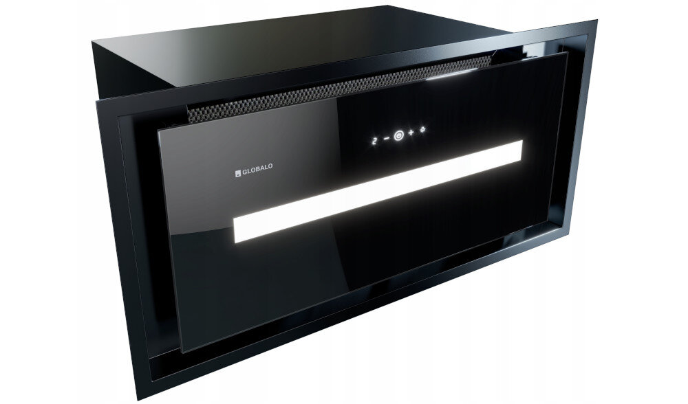 OKAP GLOBALO SAREDO 60.1 CZARNY + TURBINA TW 1.2 ZEWNĘTRZNY SILNIK Zdjęcie przedstawia okap GLOBALO w czarnej ramie, widoczny pod lekkim kątem, z panelem sterowania ukrytym w górnej części. Wyeksponowano także górny filtr oraz głębokość konstrukcji, podkreślając jego design kompaktowy rozmiar 59,6 x 29 x 14,2 cm zabudowa kuchenna oszczędność miejsca mała wysokość estetyczna kuchnia