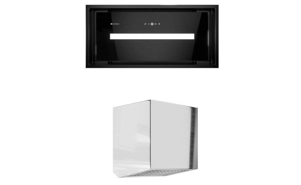 OKAP GLOBALO SAREDO 60.1 CZARNY + TURBINA TW 2.1 ZEWNĘTRZNY SILNIK Zdjęcie przedstawia czarny, wpuszczany w zabudowę okap GLOBALO o gładkim froncie. Pod nim pokazano metalowy filtr lub moduł wentylacyjny w formie srebrnej, kanciastej obudowy obieg otwarty montaż zewnętrzny stal inox trwałe materiały wysoka jakość