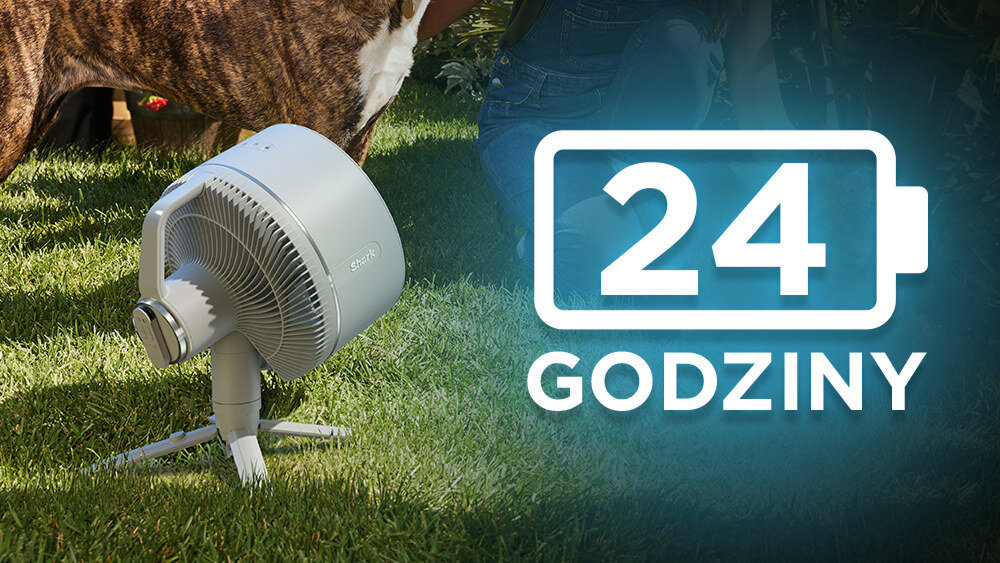Na trawie stoi biały wentylator z widocznym logo \'SHARK\'. Obok znajduje się grafika z ikoną baterii i tekstem \'24 GODZINY\'.