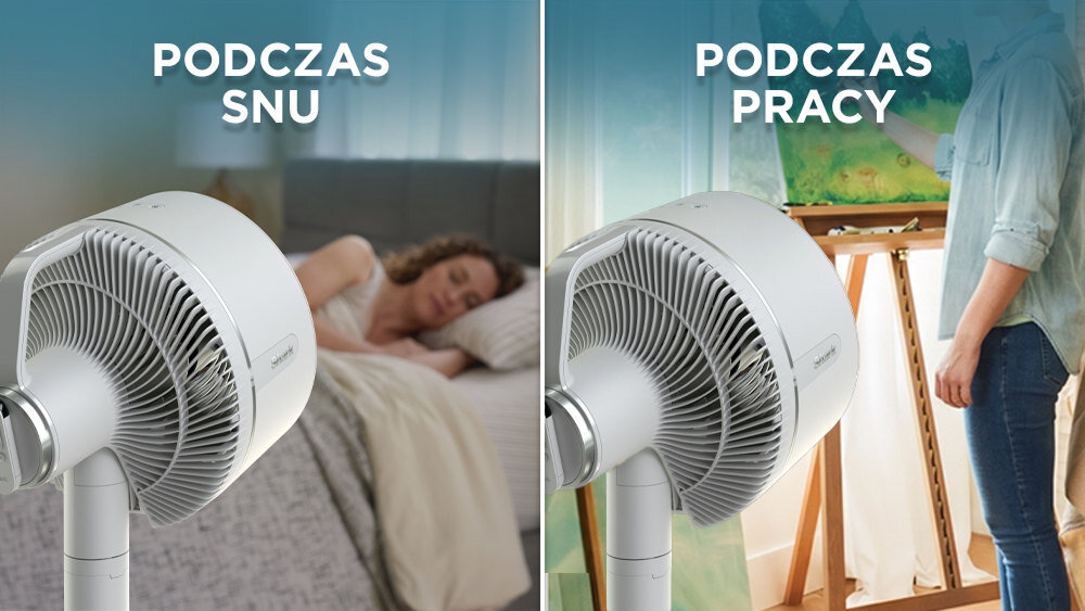 Obraz przedstawia biały wentylator SHARK FlexBreeze FA220EU w dwóch sytuacjach: podczas snu i pracy. Widoczny jest tekst: \'PODCZAS SNU\' i \'PODCZAS PRACY\'.