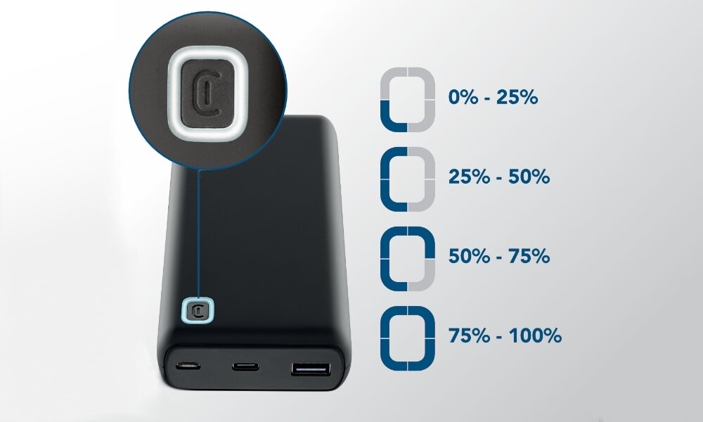 Powerbank CELLULARLINE Essence Kompaktowe wymiary (98 x 62 x 26 mm) elegancki wygląd w podróży i na co dzień funkcjonalność z estetyką