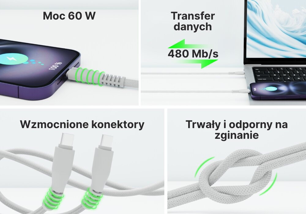 Kabel USB-C QUALO 4 kadry z zaletami