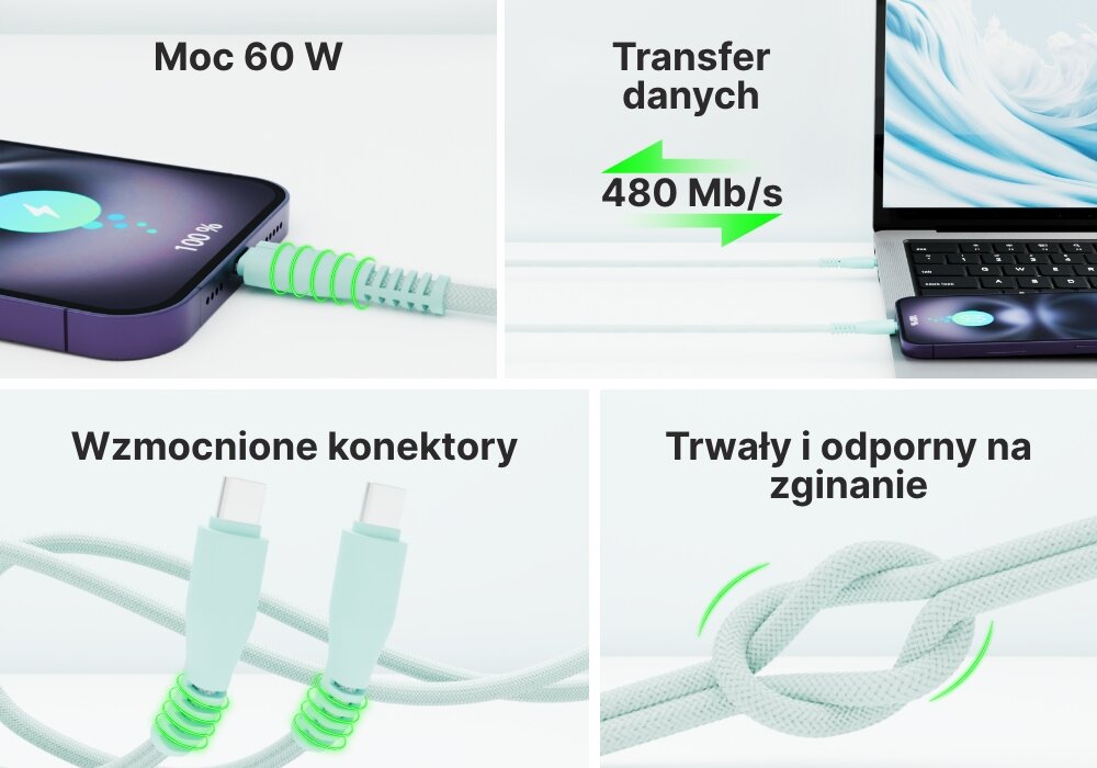 Kabel USB-C QUALO 4 kadry z zaletami