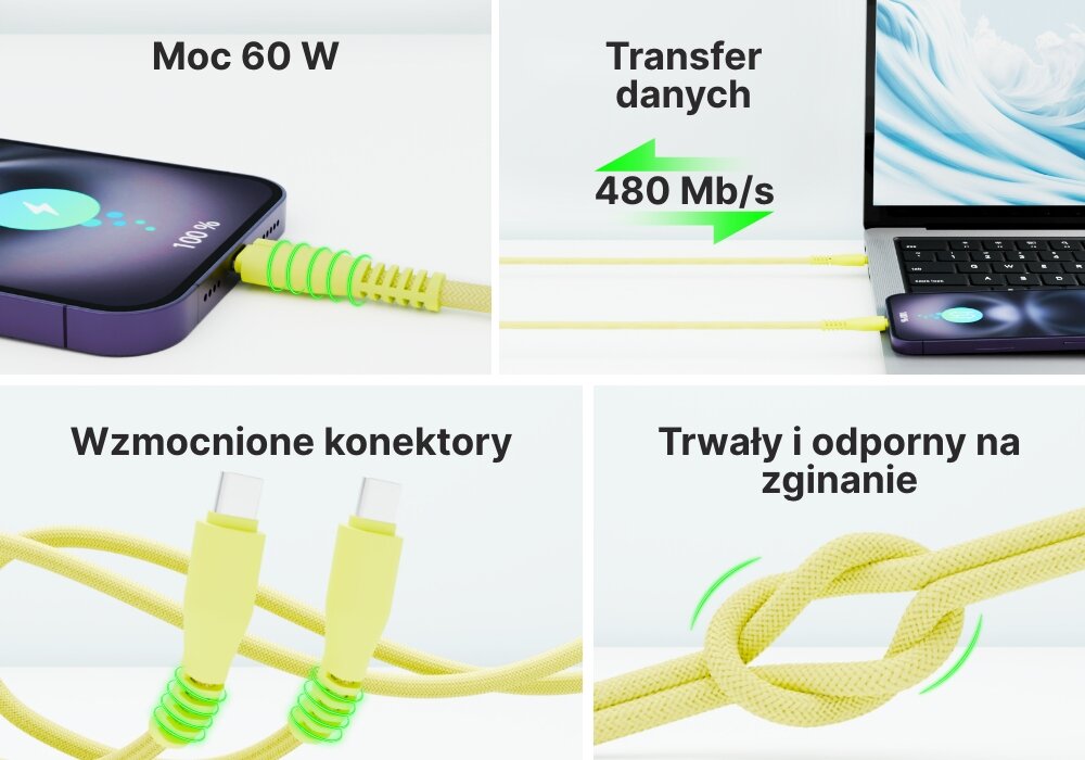 Kabel USB-C QUALO 4 kadry z zaletami