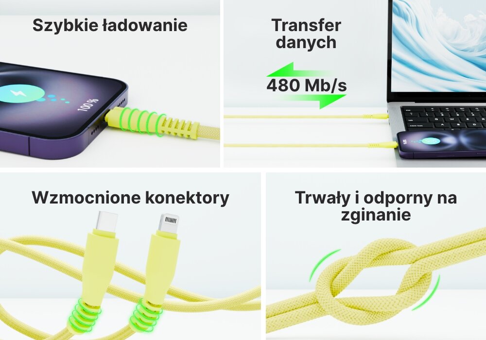 Kabel USB-C QUALO 4 kadry z zaletami
