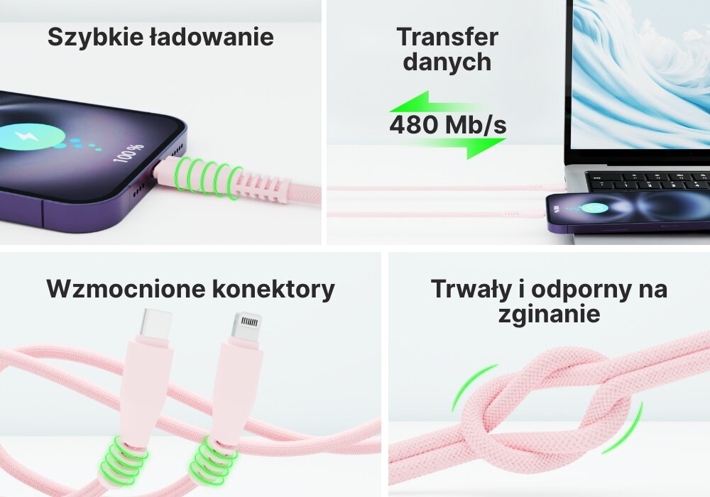 Kabel USB-C QUALO 4 kadry z zaletami