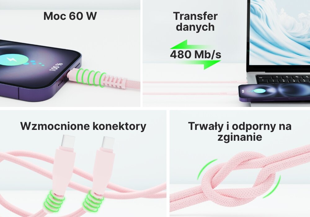 Kabel USB-C QUALO 4 kadry z zaletami