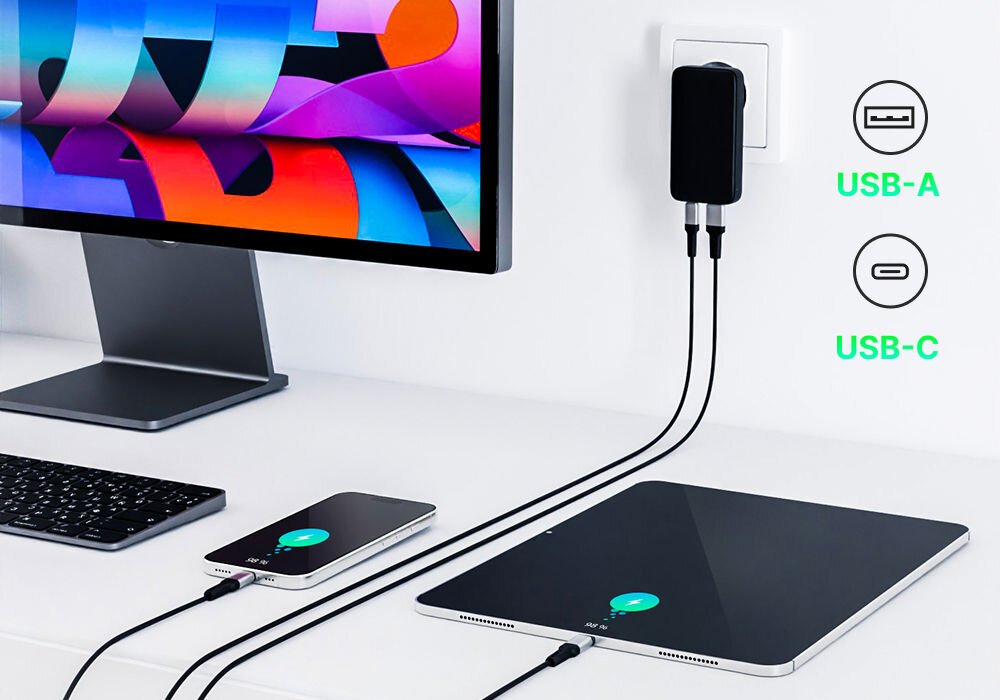 Ładowarka sieciowa USB-A - USB-C Qualo Ultimate QLS-GN-US-AC-45-01 GaN Ultra Slim PD 45W Czarny prezentacja ładowarki podłączonej do prądu telefonu i tabletu wykorzystanie dwóch portów jednocześnie