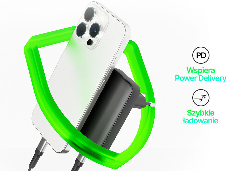 Ładowarka sieciowa USB-A - USB-C Qualo Ultimate QLS-GN-US-AC-45-01 GaN Ultra Slim PD 45W Czarny prezentacja ładowarki z telefonem wspiera power delivery szybkie ładowanie