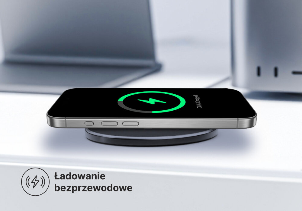Ładowarka indukcyjna QUALO Ultimate QLI-M-20W-01 Czarny Matowy, Bezprzewodowa wygoda, Telefon ładowany jest na indukcji, na blacie biurka