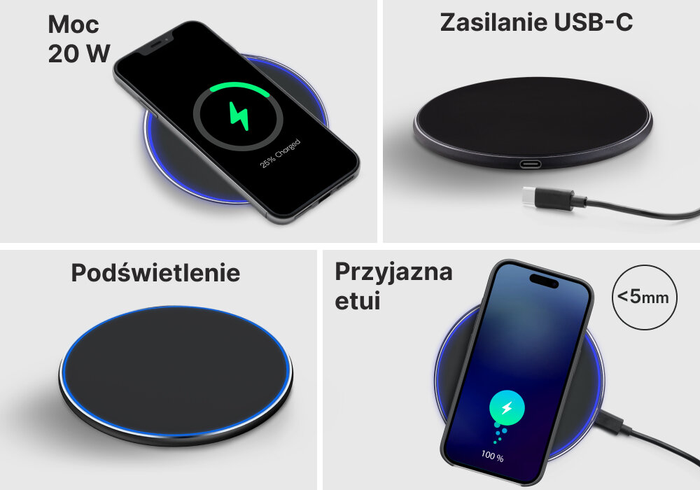 Ładowarka indukcyjna QUALO Ultimate QLI-M-20W-01 Czarny Matowy, Szybkie ładowanie bez kabli, 4 zdjęcia w 1, pokazywane są parametry i właściwości indukcji