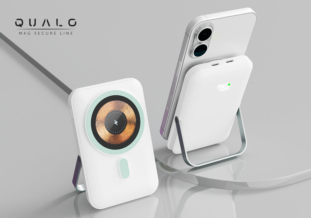 Powerbank QUALO QMPB5-LD-00 MagSafe 10000 mAh Biały, Technologia dla Twojej wygody, Powerbank oparty o swój stojak, obok telefon oparty o ten sam powerbank i oparcie