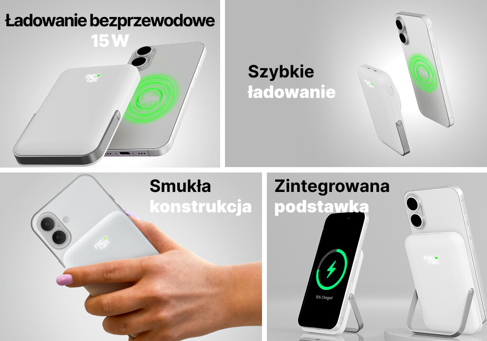 Powerbank QUALO QMPB5-LD-00 MagSafe 10000 mAh Biały, Szybko, łatwo, stylowo, 4 zdjęcia w 1 obrazku - na obrazku przedstawione zalety urządzenia