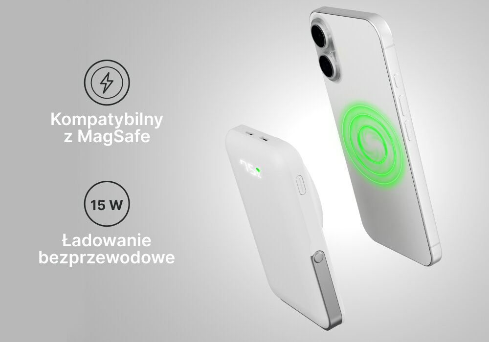 Powerbank QUALO QMPB5-LD-00 MagSafe 10000 mAh Biały, Kompatybilny z MagSafe, Na obrazku powerbank oraz smartfon, obok 2 zalety kompatybilności