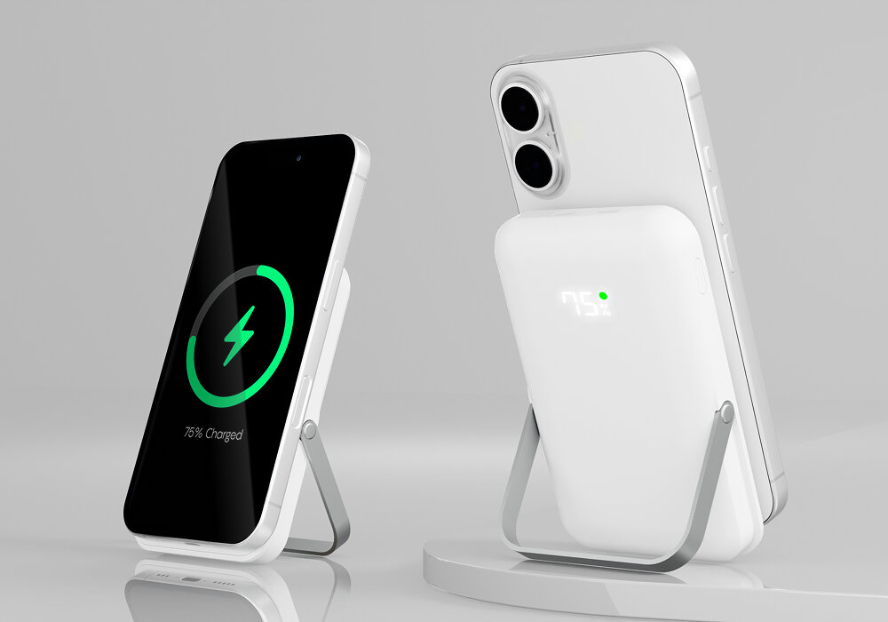 Powerbank QUALO QMPB5-LD-00 MagSafe 10000 mAh Biały, Funkcja podstawki, Powerbank przedstawiony z rozłożoną podstawką ze smartfonem od przodu i tyłu