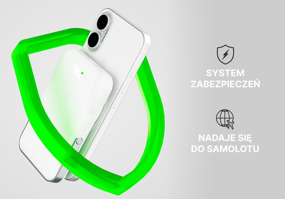 Powerbank QUALO QMPB5-LD-00 MagSafe 10000 mAh Biały, Bezpieczne ładowanie, Na zdjęciu animacja powerbanka i telefonu wokół których jest wizualizacja tarczy, obok opis zabezpieczeń