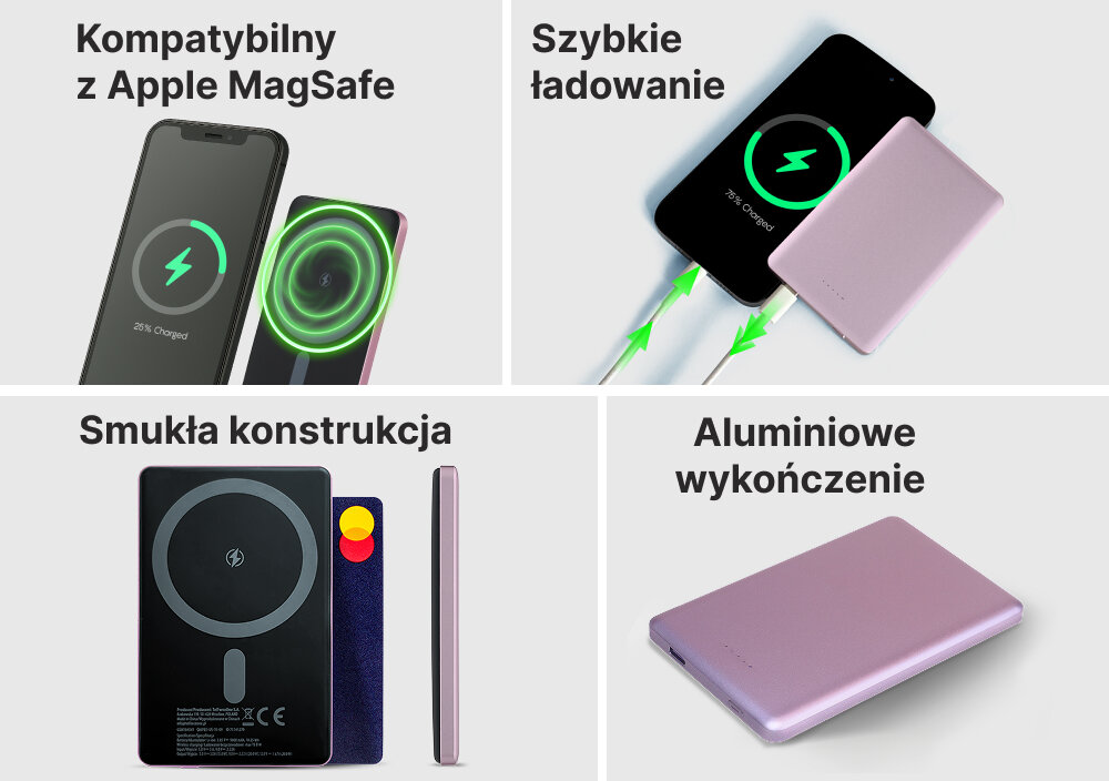 Powerbank indukcyjny QUALO QMPB5-US-15-09 MagSafe 5000 mAh Liliowy, Technologia dla Twojej wygody, 4 zdjęcia w 1 obrazku, przedstawiające główne cechy i zalety powerbanku tj. Kompatybilność, szybkie ładowanie, smukła konstrukcja, budowa alumunium