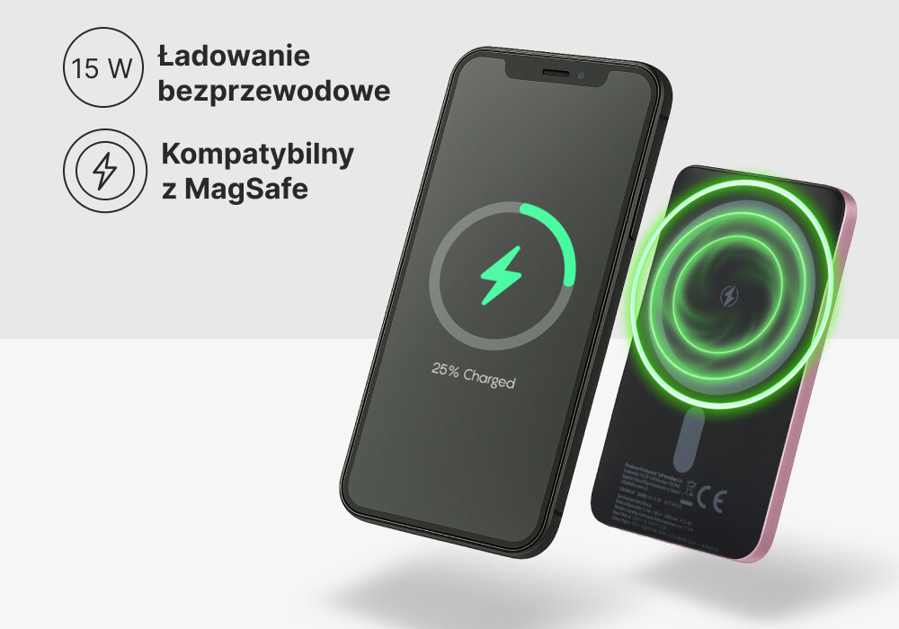 Powerbank indukcyjny QUALO QMPB5-US-15-09 MagSafe 5000 mAh Liliowy, Kompatybilny z MagSafe, Zdjęcie przedstawia powerbank wraz ze smartfonem i wizualizacją ładowania, w tle opis ładowania
