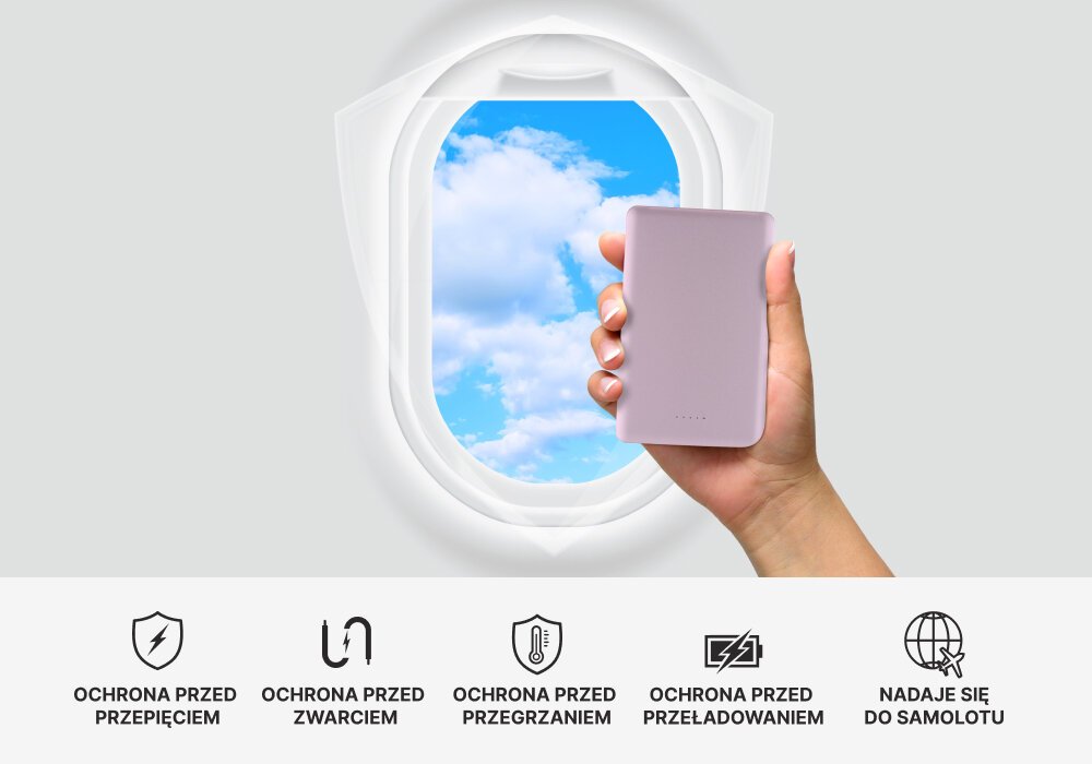 Powerbank indukcyjny QUALO QMPB5-US-15-09 MagSafe 5000 mAh Liliowy, Bezpieczne ładowanie, Wizualizacja powerbanka w tle okna samolotu wraz z tarczą ochronną, poniżej na zdjęciu przedstawienie zalet bezpieczeństwa powerbanku