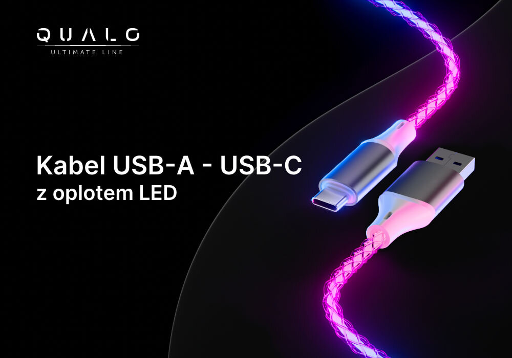 Kabel Świecący USB-A - USB-C QUALO Ultimate QCS-AC-00 1 m Biały Srebrny prezentacja działającego kabla z oplotem LED efektowne ładowanie