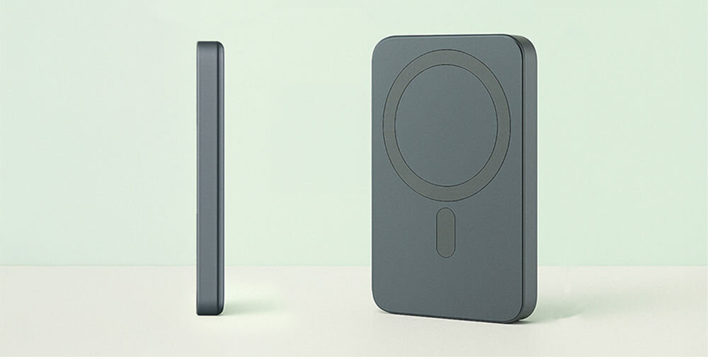 Powerbank indukcyjny QUALO Recycling QRPB-20-07 5000 mAh Srebrny, Smukła, aluminiowa konstrukcja, Na zdjęciu powerbank stojący pionowo i pokazany od boku i od frontu wraz z podaniem wymiarów