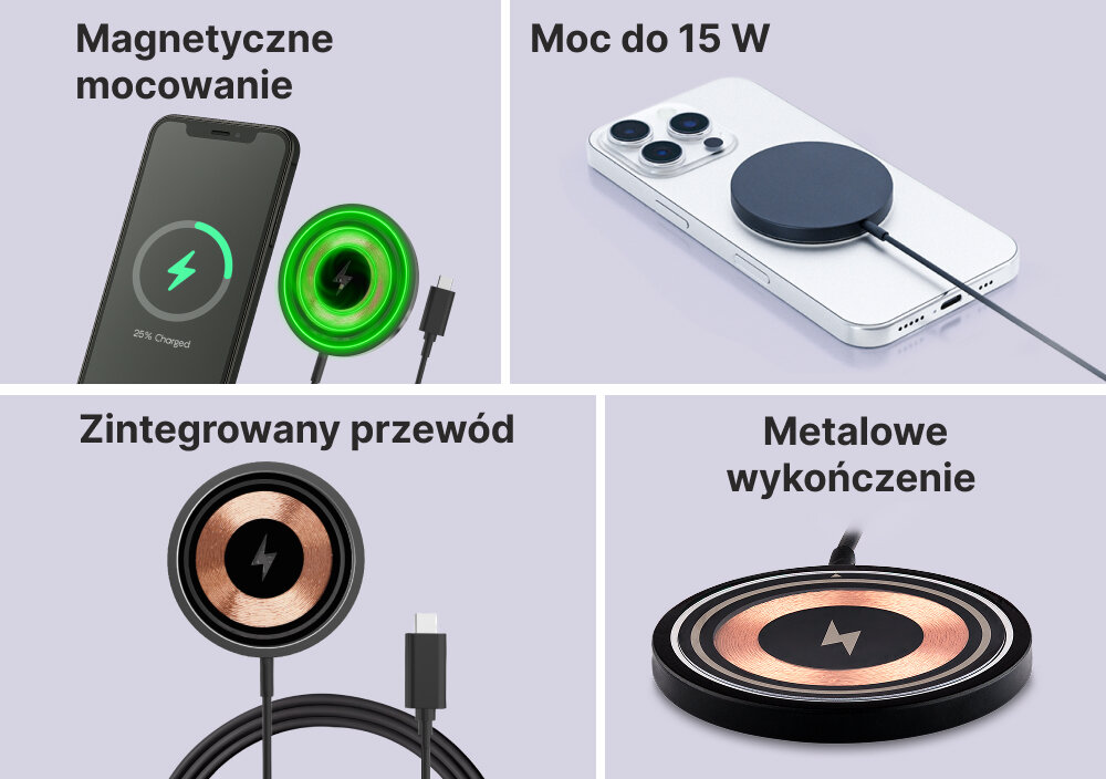 Ładowarka indukcyjna QUALO Transparent QTLI-15-01 Czarny, Bogate wnętrze technologii, 4 zdjęcia na 1 obrazku przedstawiają główne zalety ładowarki takie jak moc, przewód, wykończenie, mocowanie