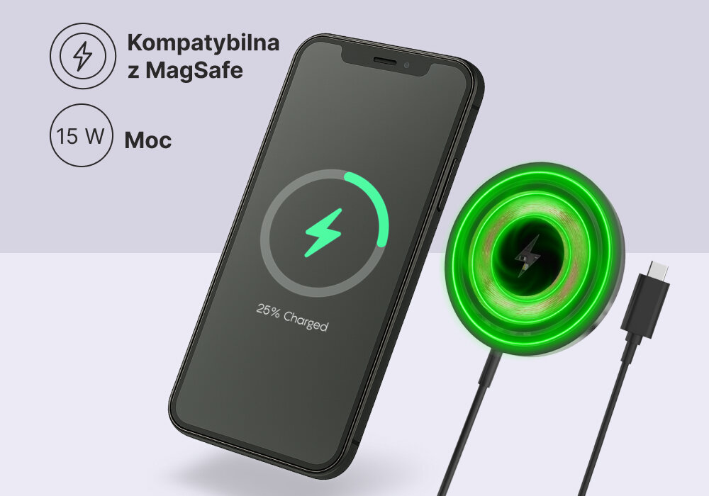 Ładowarka indukcyjna QUALO Transparent QTLI-15-01 Czarny, Kompatybilne ładowanie, Zdjęcie przedstawia smartfon, indukcję oraz kabel usb-c, w tle parametry mocy oraz kompatybilności