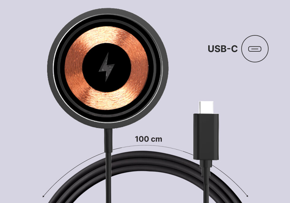 Ładowarka indukcyjna QUALO Transparent QTLI-15-01 Czarny, Zintegrowany przewód, Indukcja pokazana od góry wraz z kablem usb-c i jego wizualizacją na temat długości kabla