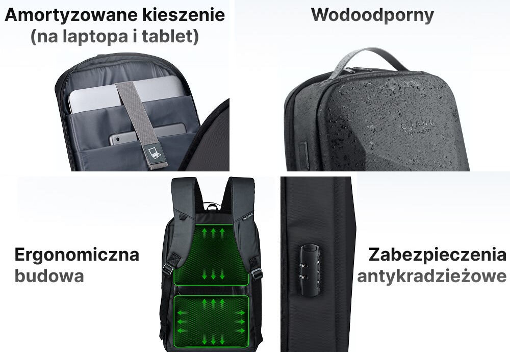 Plecak QUALO QPS-W-USB-01 sztywny wodoodporny z portem USB Czarny amortyzowane kieszenie wodoodporny ergonomiczna budowa zabezpieczenia antykradzieżowe