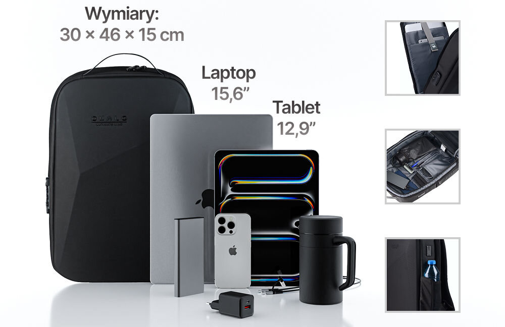 Plecak QUALO QPS-W-USB-01 sztywny wodoodporny z portem USB Czarny woda wymiary plecaka 30 x 46 x 15 cm przedstawiona możliwość włożenia do plecaka laptopa o wymiarach 15,6 tabletu 12,9 oraz akcesoriów