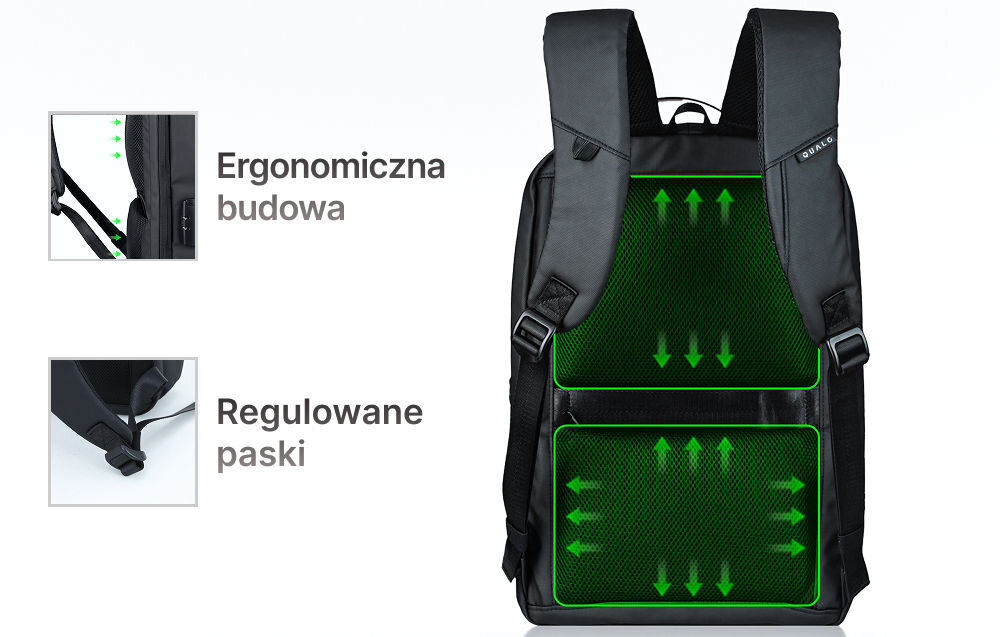 Plecak QUALO QPS-W-USB-01 sztywny wodoodporny z portem USB Czarny przedstawiona ergonomiczna budowa regulowane paski