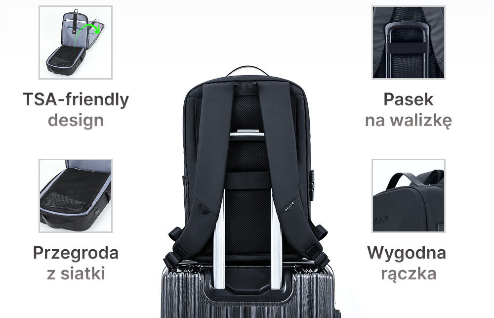 Plecak QUALO QPS-W-USB-01 sztywny wodoodporny z portem USB Czarny przystosowany do wytycznych TSA przyspiesza kontrolę bagażową na lotnisku pasek na walizkę uchwyt na okulary wygodna rączka