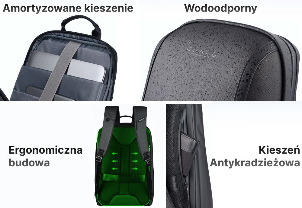 Plecak sztywny wodoodporny QUALO Ultimate QPS-W-BZ-01 15,6 Czarny amortyzowane kieszenie wodoodporny ergonomiczna budowa kieszeń antykradzieżowa