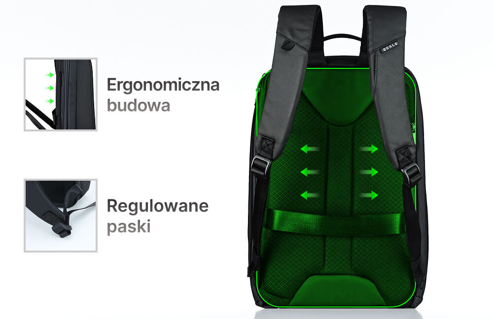 Plecak sztywny wodoodporny QUALO Ultimate QPS-W-BZ-01 15,6 Czarny przedstawiona ergonomiczna budowa regulowane paski