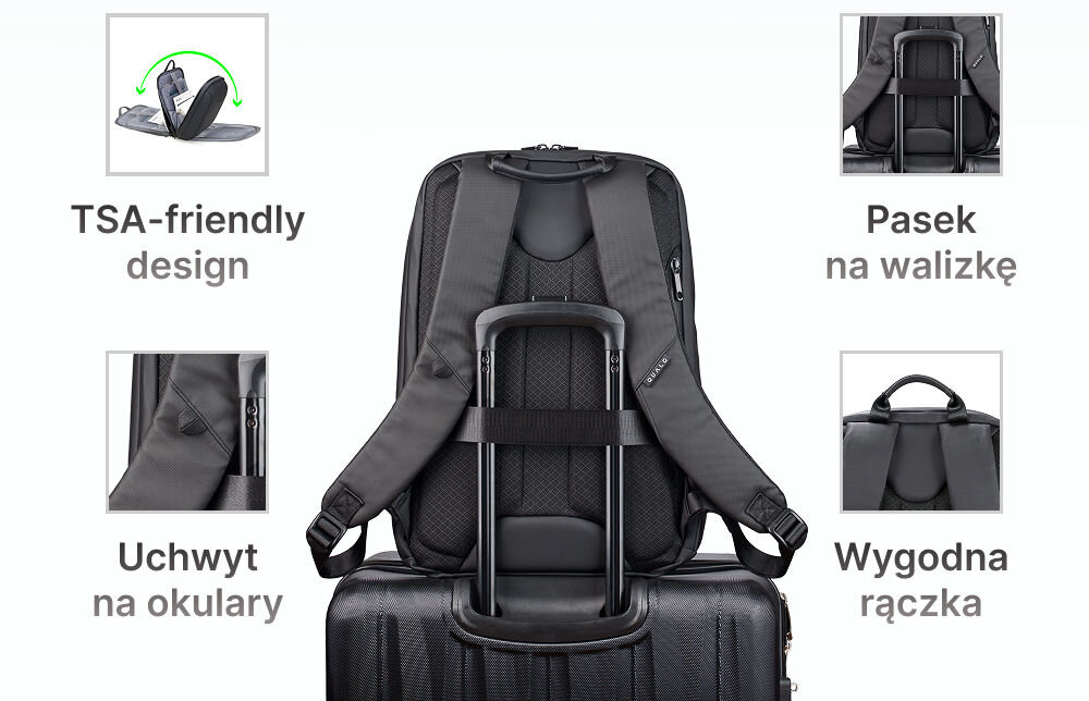 Plecak sztywny wodoodporny QUALO Ultimate QPS-W-BZ-01 15,6 Czarny przystosowany do wytycznych TSA przyspiesza kontrolę bagażową na lotnisku pasek na walizkę uchwyt na okulary wygodna rączka