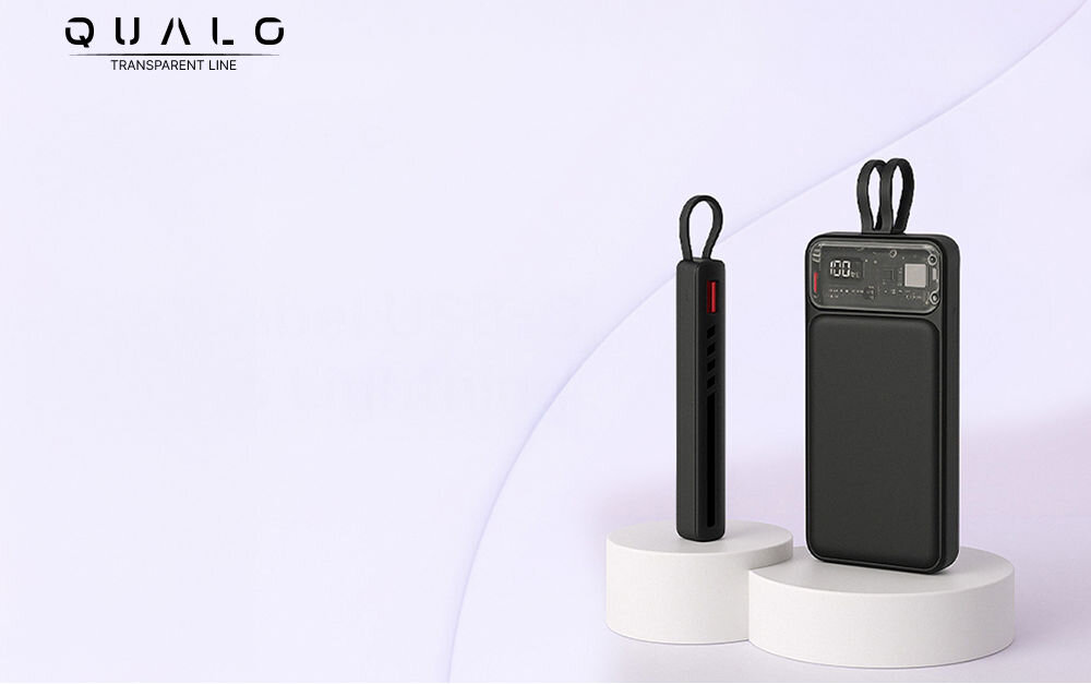 QUALO Transparent power bank 10000 mAh PD z LED 23W czarny QTPB10-LD-23-01 prezentacja urządzenia od przodu i od boku