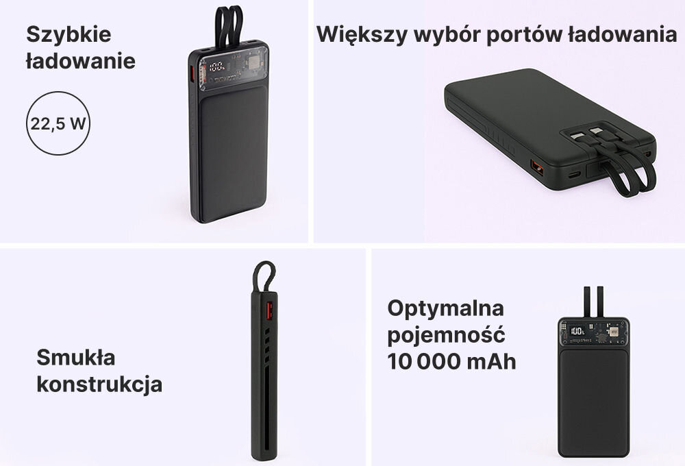 QUALO Transparent power bank 10000 mAh PD z LED 23W czarny QTPB10-LD-23-01 szybkie ładowanie 22,5 W większy wybór portów ładowania smukła konstrukcja optymalna pojemność 10000 mAh