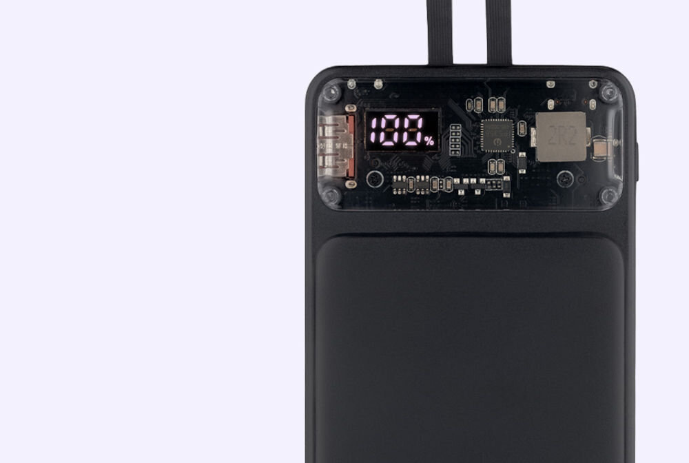 QUALO Transparent power bank 10000 mAh PD z LED 23W czarny QTPB10-LD-23-01 ukazanie transparentnej przezroczystej obudowy wyświetlacza LCD