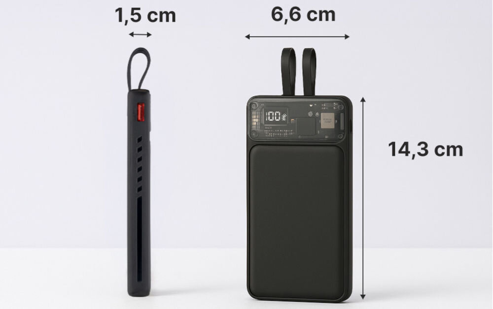 QUALO Transparent power bank 10000 mAh PD z LED 23W czarny QTPB10-LD-23-01 smukła konstrukcja wymiary 6,6 cm x 14,3 cm x 1,5 cm